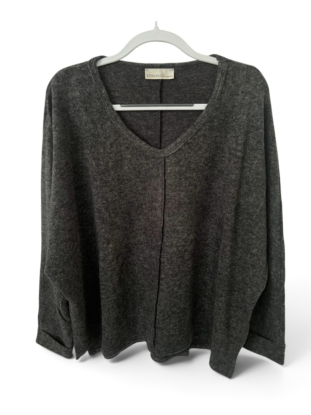 Zenana Outfitters Charcoal V-Neck Center Seam Knit Sweater Shirt - Picture 2 of 5